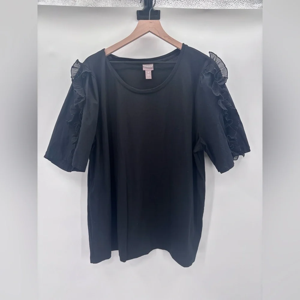 Chico's Black Short Sleeve Top with Ruffle Detail Size 4 (XXL)